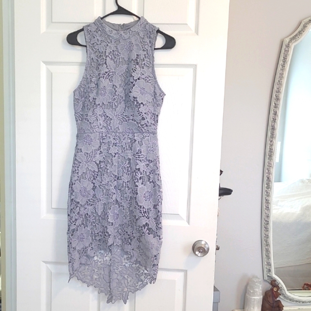 Astr Pastel Baby Blue Allover Lace Hi-Lo Halter Neck MidiDress Fits Like XS